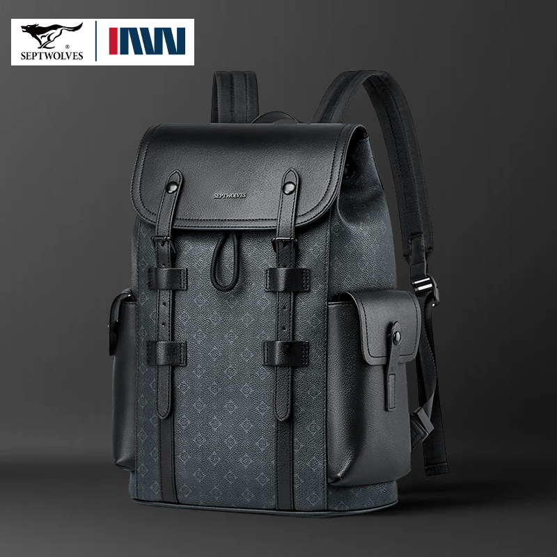 Leather Work Rucksack Mens - Septwolves High Quality Business Printed Leather